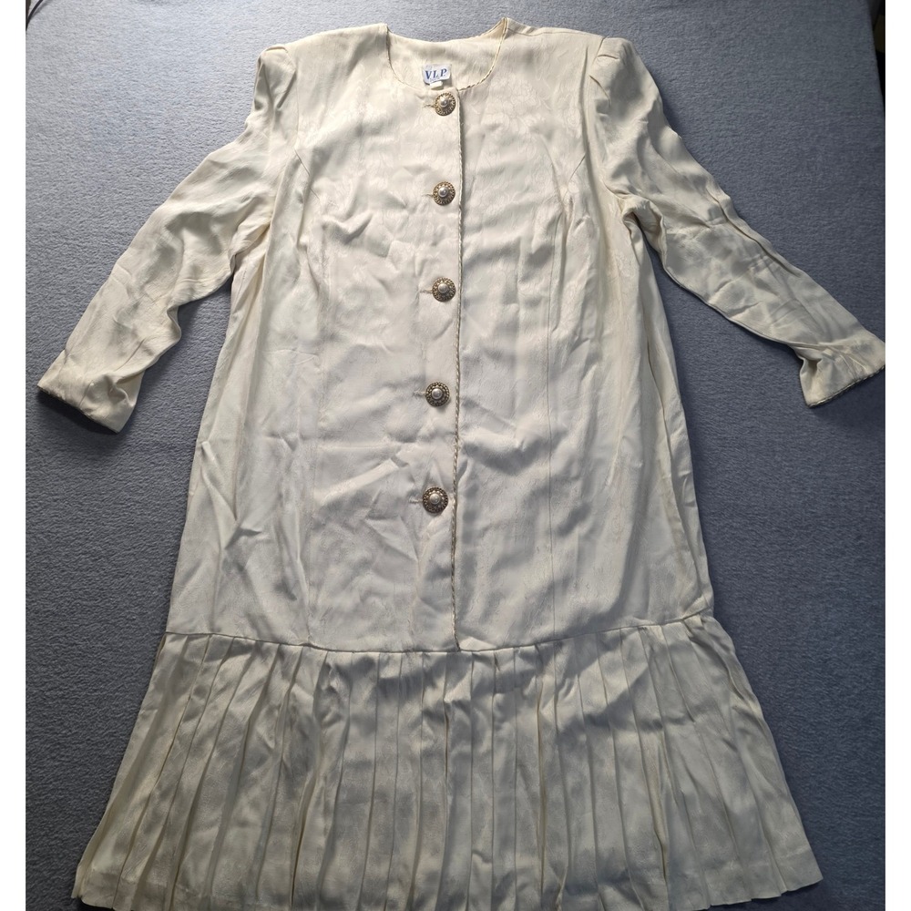 Vintage VIP Plus Pleated Hem Dress Womens Size 20 Ivory Drop Waist Made USA